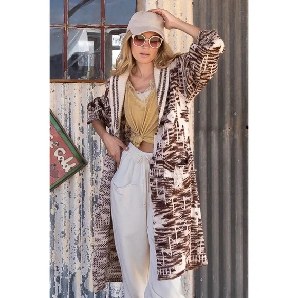 POL Beige & Brown Aztec Belted Knit Cardigan - Picture 6 of 9